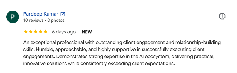 Google review by Pardeep Kumar: 5 stars - exceptional professional