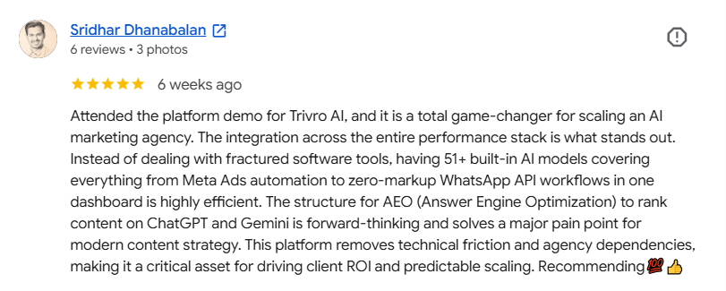 Google review by Sridhar Dhanabalan: 5 stars - total game-changer