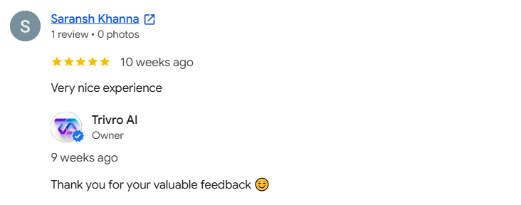 Google review by Saransh Khanna: Very nice experience