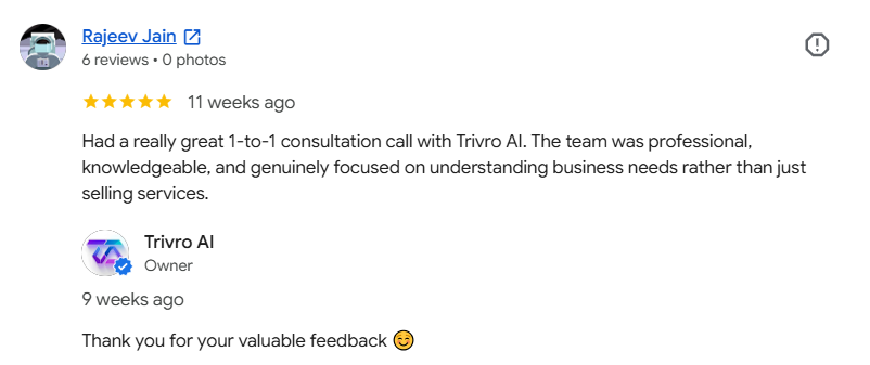 Google review by Rajeev Jain: 5 stars - Great 1-to-1 consultation call