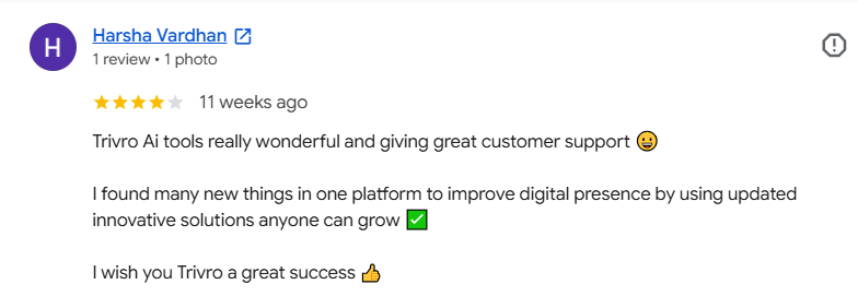 Google review by Harsha Vardhan: Trivro AI tools really wonderful and giving great customer support
